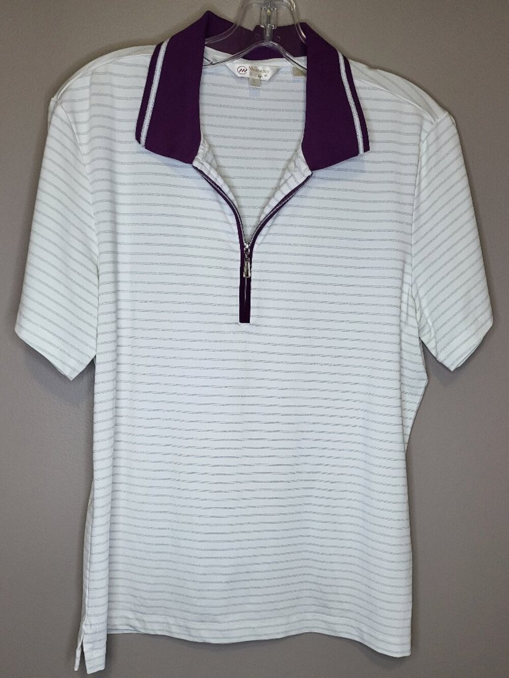 Monterey Club White Silver Stripe 1/4 Zip Golf Polo Shirt Purple Collar Womens L